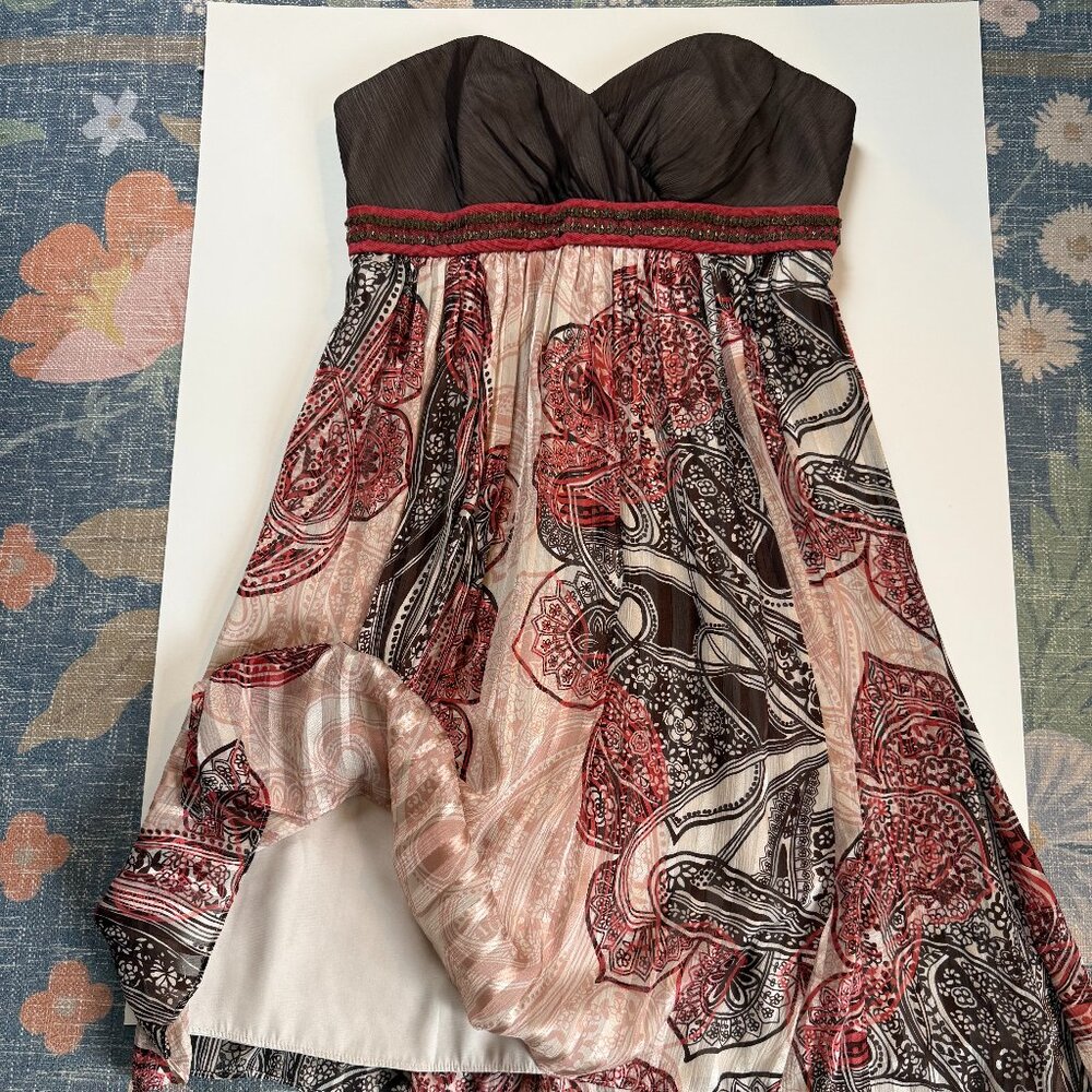 BCBG Max Azria mini silk strapless dress w/ paisley design & beaded empire waist